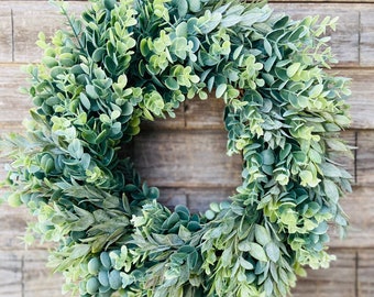 Simple Everyday Greenery Wreath for Front Door, Indoor Outdoor, Modern Farmhouse Style Kitchen Decor, Boxwood Eucalyptus Wreath, Year Round