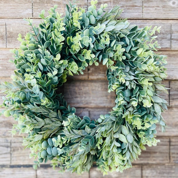 Simple Everyday Greenery Wreath for Front Door, Indoor Outdoor, Modern Farmhouse Style Kitchen Decor, Boxwood Eucalyptus Wreath, Year Round