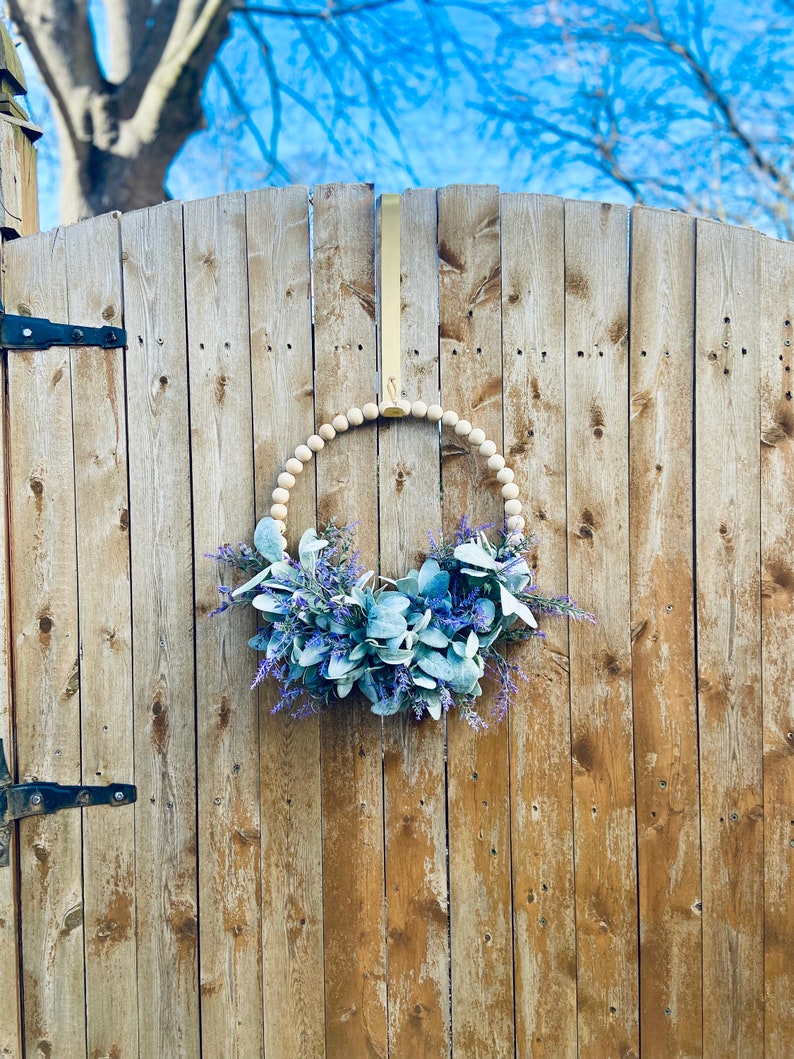 Modern Farmhouse Wood Beaded Hoop Wreath, Lavender Lambs Ear Cottage Style Everyday Wreath, Spring Wreath, Purple Wall Decor, Mom Gift image 5