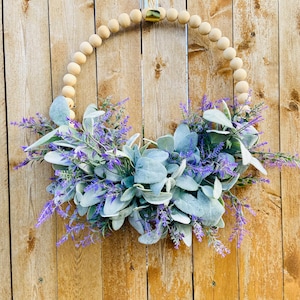 Modern Farmhouse Wood Beaded Hoop Wreath, Lavender Lambs Ear Cottage Style Everyday Wreath, Spring Wreath, Purple Wall Decor, Mom Gift image 1