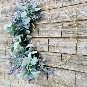 Modern Farmhouse Hoop Wreath, Minimalist Wall or Door Decor, Neutral Everyday Wreath, Lavender Lambs Ear Spring Wreath, Purple Wall Decor image 4