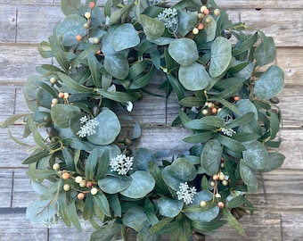 Olive Branch and Eucalyptus Wreath, Neutral Berry Wreath, Simple Wreath for Kitchen, Neutral Everyday Wreath