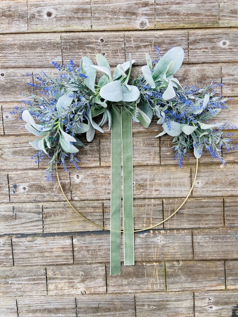 Modern Farmhouse Hoop Wreath, Minimalist Wall or Door Decor, Neutral Everyday Wreath, Lavender Lambs Ear Spring Wreath, Purple Wall Decor image 6