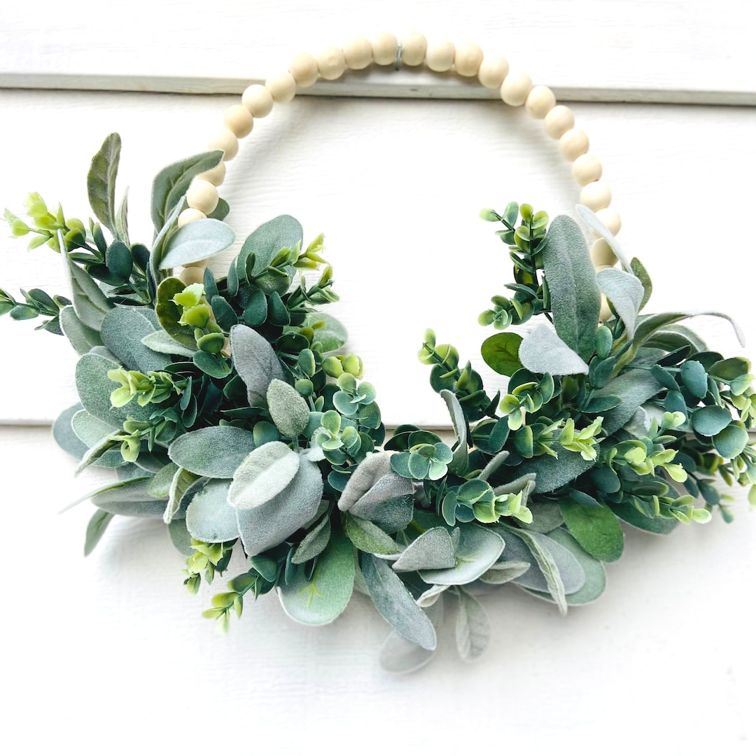 Natural Wood Bead Hoop Wreath, Lamb's Ear Eucalyptus, Everyday