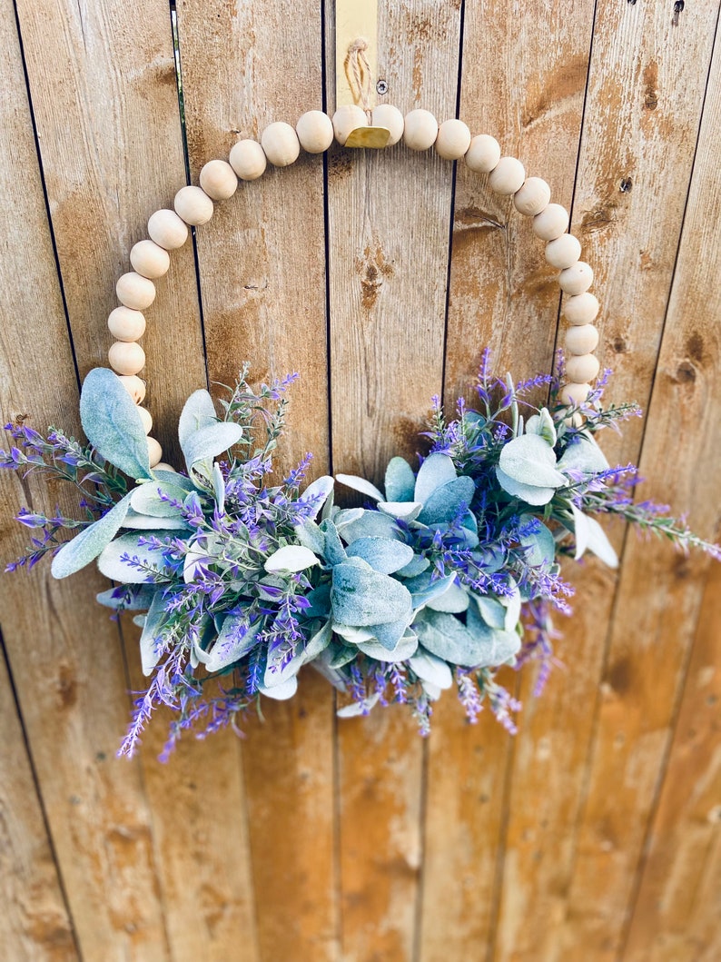 Modern Farmhouse Wood Beaded Hoop Wreath, Lavender Lambs Ear Cottage Style Everyday Wreath, Spring Wreath, Purple Wall Decor, Mom Gift image 4