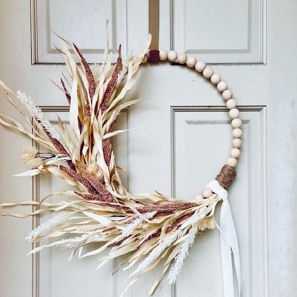 Fall Wood Bead Hoop Wreath, Neutral Autumn Wreath, Boho Farmhouse Style Door Decor, Beige Pampas Grass, Faux Wheat, Thistles and Corn Husks