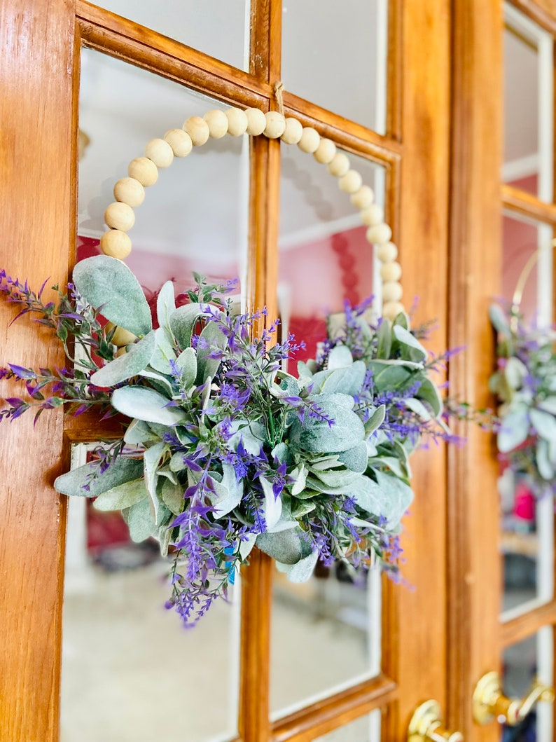 Modern Farmhouse Wood Beaded Hoop Wreath, Lavender Lambs Ear Cottage Style Everyday Wreath, Spring Wreath, Purple Wall Decor, Mom Gift image 2