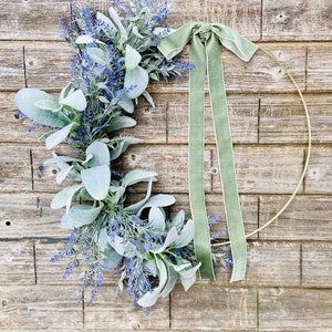 Modern Farmhouse Hoop Wreath, Minimalist Wall or Door Decor, Neutral Everyday Wreath, Lavender Lambs Ear Spring Wreath, Purple Wall Decor image 1