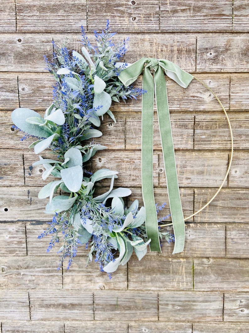 Modern Farmhouse Hoop Wreath, Minimalist Wall or Door Decor, Neutral Everyday Wreath, Lavender Lambs Ear Spring Wreath, Purple Wall Decor image 1