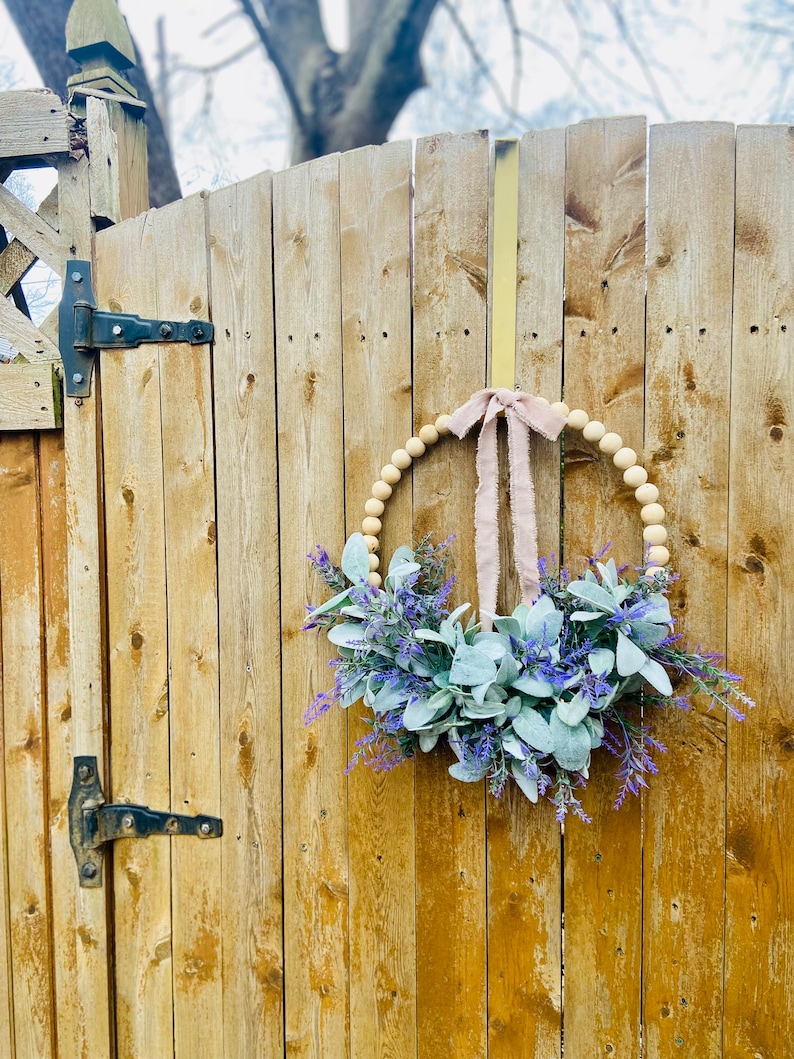 Modern Farmhouse Wood Beaded Hoop Wreath, Lavender Lambs Ear Cottage Style Everyday Wreath, Spring Wreath, Purple Wall Decor, Mom Gift image 7