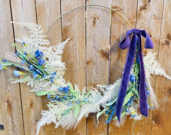 Modern Hoop Wreath, Minimalist Wall or Door Decor, Neutral Spring Wreath, Lavender Wreath, Floral Boho Design