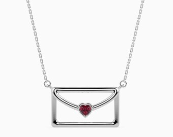 Pendant Necklace For Women's, Love Letter Necklace, 14K White Gold, 1.3 Ct Heart Ruby, Proposal Pendant With Chain, Wedding Bridal Gifts