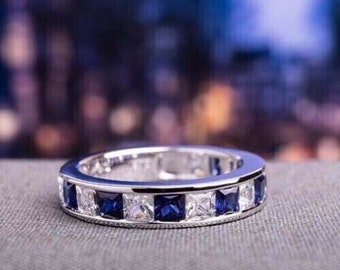 Wedding Band, Sapphire Wedding Ring, Anniversary Band, Women's Eternity Band, 14K White Gold Ring, 2.5 Ct Diamond Band, Wedding GIfts