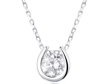 Horse Shoe Diamond Necklace, Solitaire Necklace For Her, 1.6 Ct Simulated Diamond, Pendant With Chain, 14K White Gold, Womens Jewelry, Gifts
