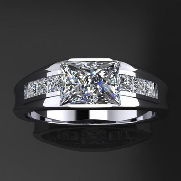 Bague de fiançailles pour homme, bague diamant taille princesse de 2,6 carats, bague chaîne pour homme, or blanc 14 carats, cadeau pour homme, cadeaux de garçons d'honneur, bague de promesse