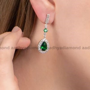 Diamond Drop Earrings, Emerald Wedding Earrings, 2.5 Ct Diamond Earrings, Dangle Drop Earrings, 14K White Gold, Women Earrings, Gift For Her image 3