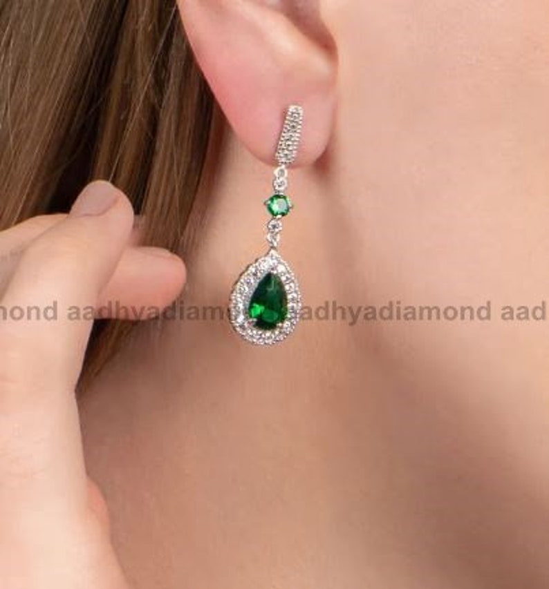 Diamond Drop Earrings, Emerald Wedding Earrings, 2.5 Ct Diamond Earrings, Dangle Drop Earrings, 14K White Gold, Women Earrings, Gift For Her image 3