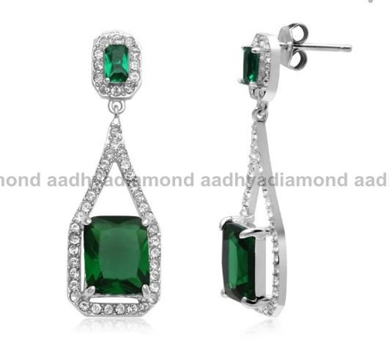 Emerald Drop Wedding Earrings, 3.45 Ct Emerald Diamond Earrings, White Gold Earrings, Wedding Earrings, Wedding Gifts, Earrings For Her image 3