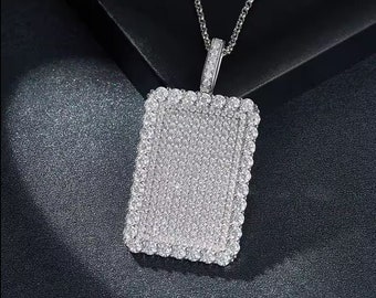 Rectangle Men's Pendant, Silver Halo Diamond Pendant, 14K White Gold, 2.9 Ct Round Diamond, Men's Pendant, Father Day Pendant Without Chain