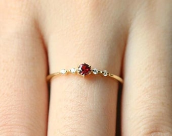 Simple Garnet Ring, Dainty Gemstone Ring, 14K Yellow Gold Plated, 1.1 Ct Round Diamond, Tiny Engagement Gift Ring, Daily Wear Ring, Gifts