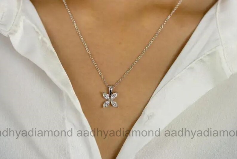 Delicate Floral Necklace, 2.6 Ct Marquise Diamond, Simple Diamond Pendant Without Chain, 14K White Gold, Necklace For Women, Charm Necklace image 4