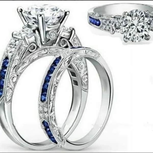Diamond Wedding Ring Set Moissanite Engagement Ring Set With Round Half Eternity Wedding Band 14K White Gold Estate Bridal Ring Set For Her