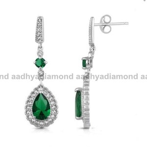 Diamond Drop Earrings, Emerald Wedding Earrings, 2.5 Ct Diamond Earrings, Dangle Drop Earrings, 14K White Gold, Women Earrings, Gift For Her image 2