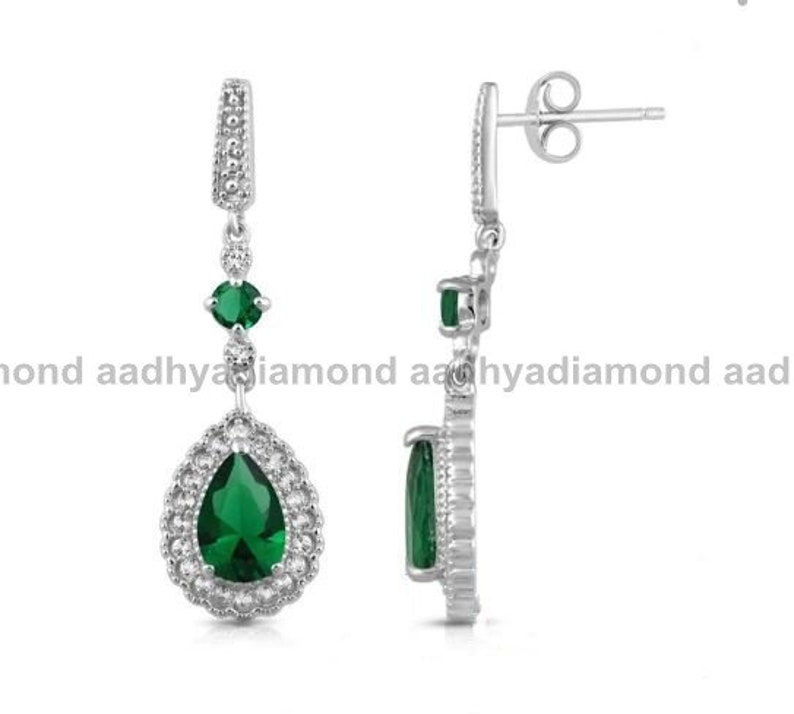 Diamond Drop Earrings, Emerald Wedding Earrings, 2.5 Ct Diamond Earrings, Dangle Drop Earrings, 14K White Gold, Women Earrings, Gift For Her image 2