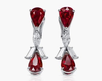 Fancy Drop Earrings, Earring Set, 14K White Gold, Ruby Diamond Earrings, Engagement Wedding Earrings, 2.55 Ct Ruby, Silver Earrings