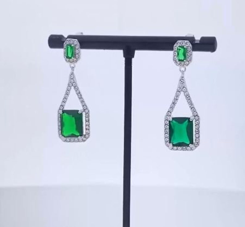 Emerald Drop Wedding Earrings, 3.45 Ct Emerald Diamond Earrings, White Gold Earrings, Wedding Earrings, Wedding Gifts, Earrings For Her image 1