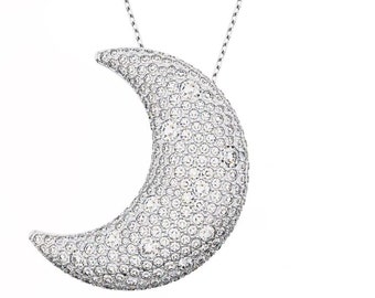 Colgante de diamantes de media luna, colgante de boda en racimo con conjunto de pavé, oro blanco de 14 k, colgante sin cadena, diamante redondo de 2,22 qt, collar con dijes