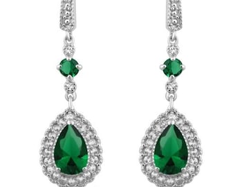 Orecchini pendenti con diamanti, orecchini da sposa con smeraldi, orecchini con diamanti da 2,5 ct, orecchini pendenti, oro bianco 14K, orecchini da donna, regalo per lei