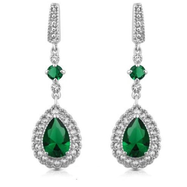 Diamond Drop Earrings, Emerald Wedding Earrings, 2.5 Ct Diamond Earrings, Dangle Drop Earrings, 14K White Gold, Women Earrings, Gift For Her