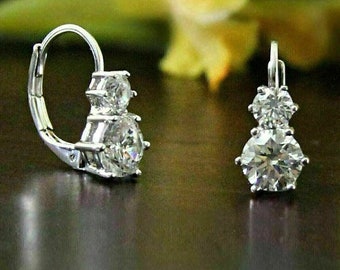 Pendientes colgantes, oro blanco de 14 quilates, diamante redondo de 2,1 quilates, pendientes de boda de compromiso, pendientes de diamantes, juego de pendientes, pendientes Denty para fiesta