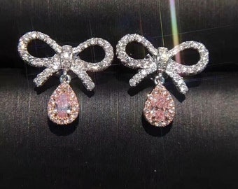 Pendientes con nudo de lazo, Pendientes especiales para el día de la mujer, Diamante de 2,1 quilates, Oro blanco de 14 quilates, Pendientes de boda para mujer, Pendientes de regalo, Sementales