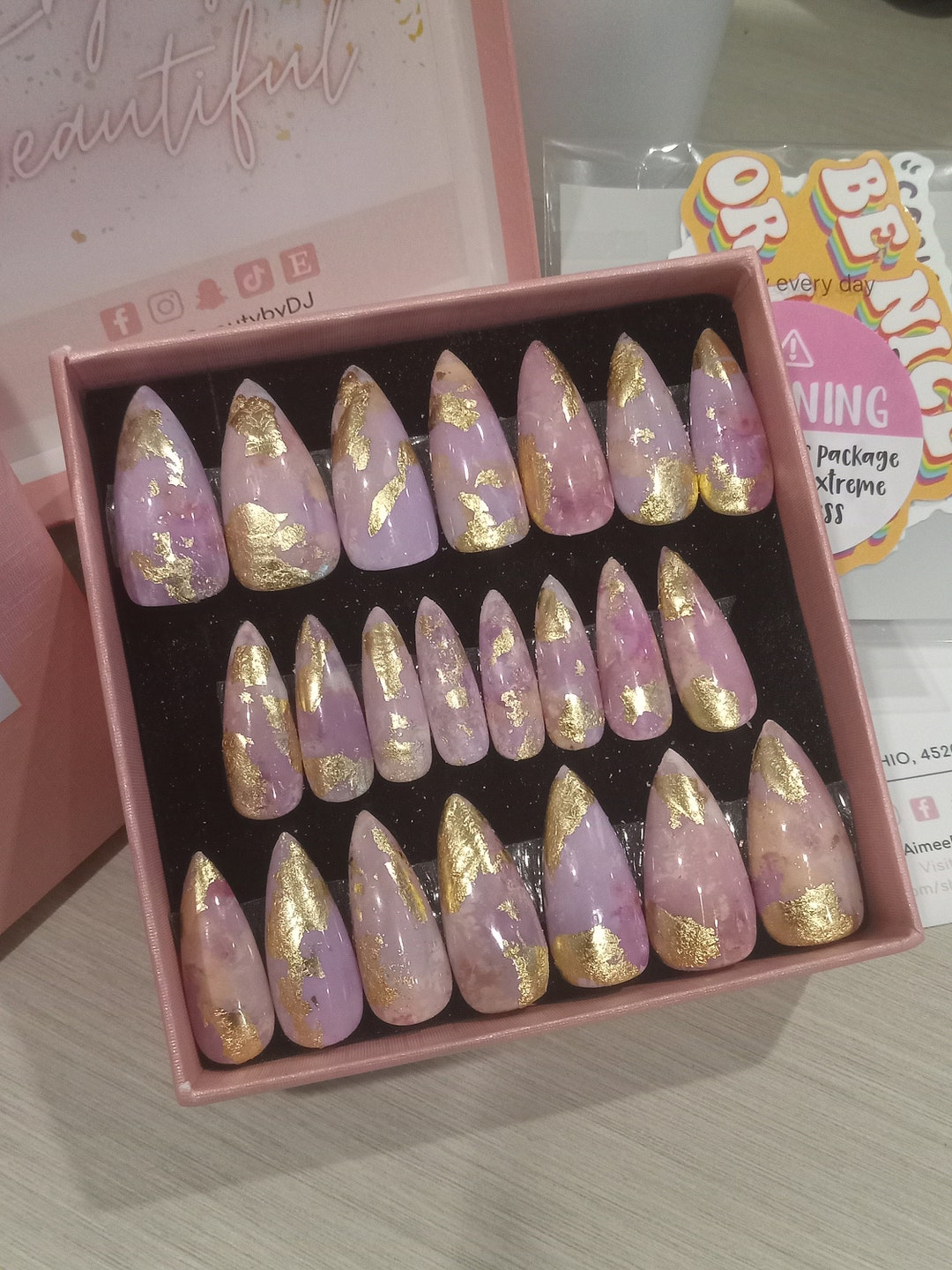 CELIA Pink and Gold Marble Nail Set MD Stiletto Après Gel Etsy