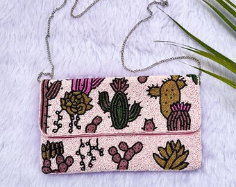 Pink Cactus Seed Bead Crossbody Clutch Purse, Beaded Women Clutch Bag.