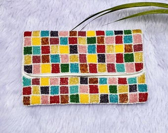 Multicolor Geometrical Seed Bead Crossbody Women Clutch Purse, Beaded Evening Bag