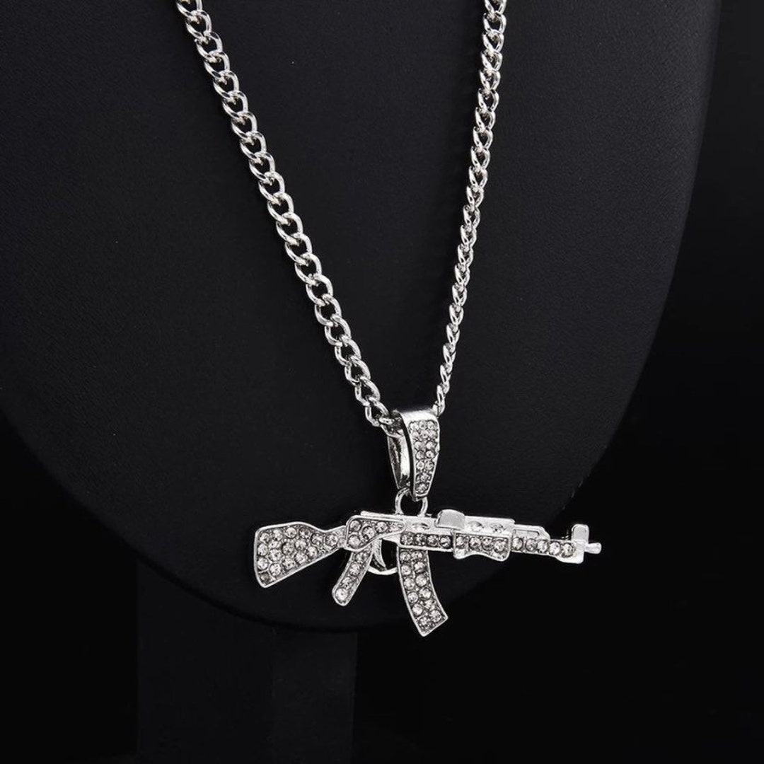 Iced Out AK 47 Gun Necklace | Weapon Chain | Rapper Costume Jewelry for Men Women