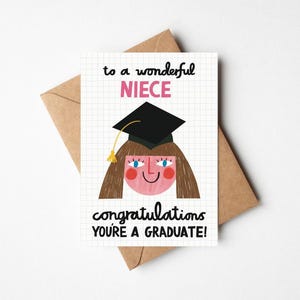 Carte de fin d'études pour nièce 5 x 7 pouces Carte d'obtention du diplôme bien faite avec enveloppe Kraft - Diplôme mignon félicitations Illustration dessinée à la main
