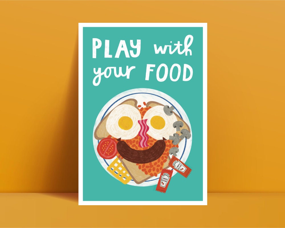 Play With Your Food A5/A4/A3 Fine Art Print - Cute & Funny Smiley Face Full English Breakfast Kitchen Wall Decor - Fun Food Poster