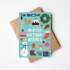 Süße Winter Geburtstagskarte 13x18 cm mit Kraft Umschlag – Niedlich & Hübsches Illustriertes Dezember, Januar, Februar Geburtstags Geschenk – Cozy Vibes