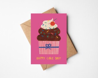 Cute & Sweet Illustrated Cupcake Birthday Card - 5x7" With Kraft Envelope - Greeting For Cake Lover - Happy Cake Day With Sprinkles On Top