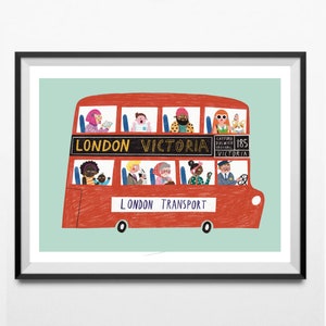 Impresión artística ilustrada de un autobús londinense en tamaño A5/A4/A3: póster colorido y original sobre el transporte londinense: arte mural para niños