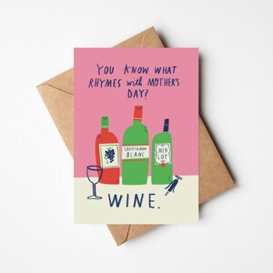 Carte de fête des mères amatrice de vin amusante de 5 x 7 po. avec enveloppe kraft - carte de voeux illustrée moderne et amusante pour femme, maman, grand-mère, belle-mère, maman