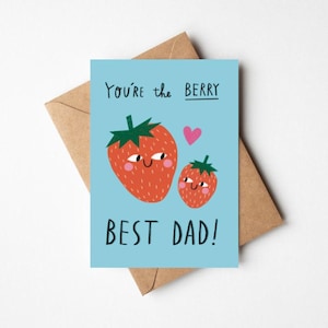 Berry Best Dad - Jolie carte de fête des pères ou d'anniversaire de 5 x 7 pouces avec enveloppe Kraft - Voeux de célébration illustrés de jeu de mots aux fraises pour papa