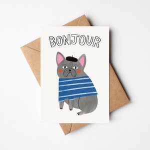 Bonjour 5x7 ""Karte mit Kraft Umschlag - Lustige süße illustrierte Pariser Frenchie Bulldogge Gruß - Hallo Karte für Hundeliebhaber BFF
