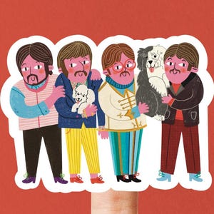 Adesivo de vinil brilhante ilustrado dos Beatles e dos Cães - Presente fofo e peculiar para amantes da música - Feito à mão - Autoadesivo colorido e resistente à água