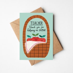 Jolie carte de remerciement pour professeur de 5 x 7 po. avec enveloppe kraft - voeux illustrés de remerciements Apple - merci de m'avoir aidé à grandir