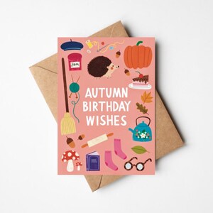 スイートな秋のバースデーカード 5x7インチ クラフト封筒付き - キュートで可愛い9月、10月、11月の誕生日プレゼント - 心地よい秋の雰囲気
